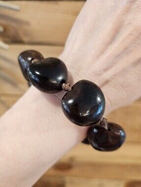 Vintage Dark Brown Kakui Nut Bracelet On Brown Ribbon